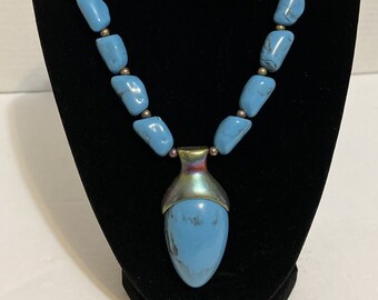 Vintage Faux Turquoise 10 Inch Drop Pendant Necklace, Statement Necklace, Gift For Her, Pics