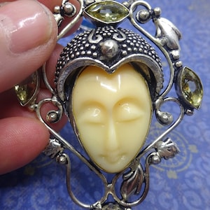 Vintage Balinese Carved Ox Bone Pendant With Sterling Crown And Gemstone, Goddess Jewelry, Spiritual, Healing, Power Pendant, Balinese. Pics