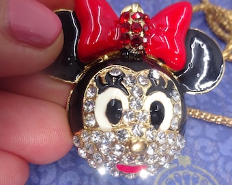 Vintage Minnie Mouse-halsband med hänge, halsband med 3D-strass, i nyskick, Disney-memorabilia, sällsynt föremål, barnpresent, bilder