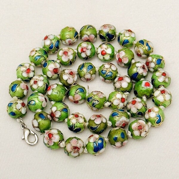 Vintage Chinese Lime Green & Multicolor 9mm Enamel Cloisonné Bead Flower Design Necklace, 18.25 Inches Long, New Clasp, Pics