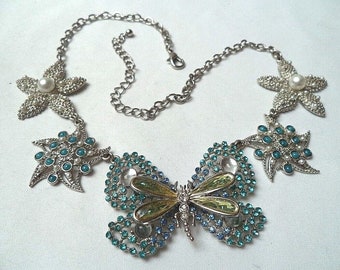 Vintage 1950s Butterfly Bib Necklace, Crystal Butterfly With Flowers, Mint Shape, Gift For Her, Wedding Wear, 19 inches, Pics