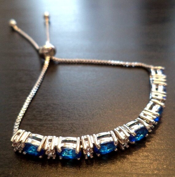 Vintage  Blue Rhinestone Adjustable Tennis Bracel… - image 2