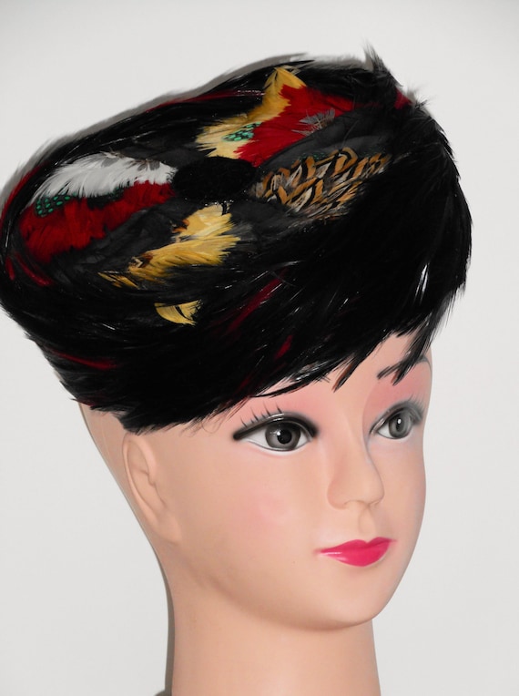 Vintage 50's Feather Hat,Colorful Feather Woman's… - image 1