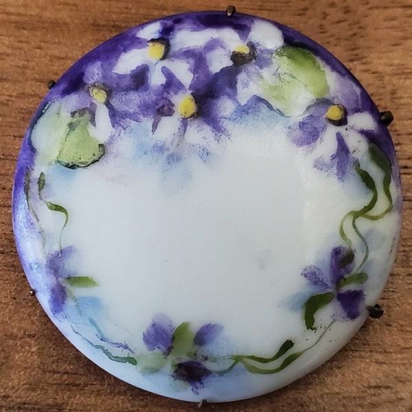 Antique Painted Porcelain Pin Brooch with Purple Violets, Artisan Hand Painted Floral Brooch, Gift Her, Spring Gift, Pics