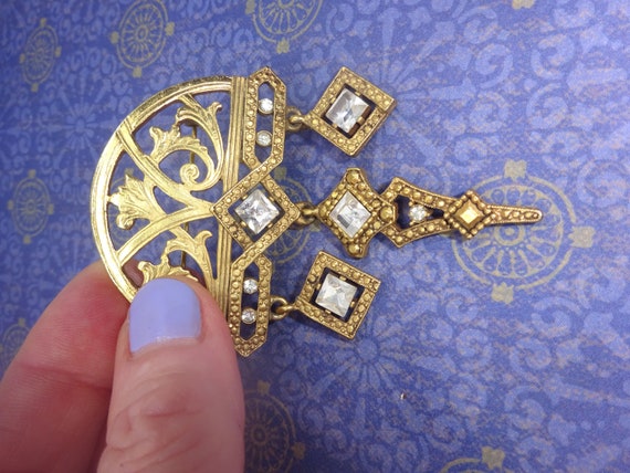 Vintage At Deco Gold Tone Tiara Crown Brooch Pin … - image 4
