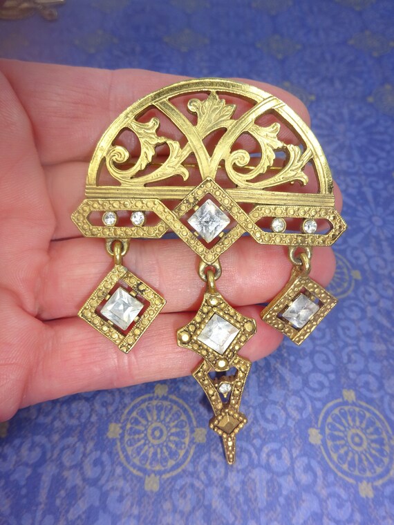 Vintage At Deco Gold Tone Tiara Crown Brooch Pin … - image 3