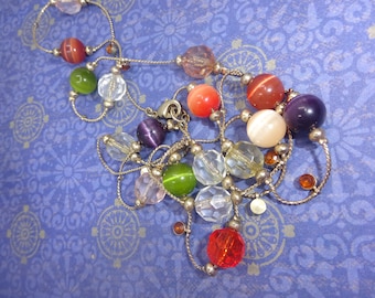 Vintage 1960s Gemstone Long Flapper Style Necklace, 14K Gold Chain, Minimalist Wear.Gift. Pics