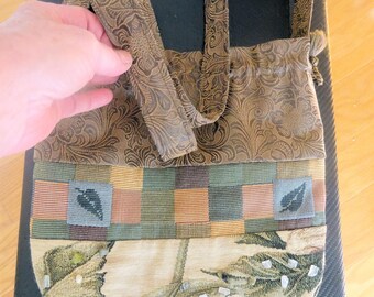 Vintage ręcznie robiona torba na ramię w odcieniach ziemi, OOAK, zapięcie na suwak z kieszenią, zdjęcia