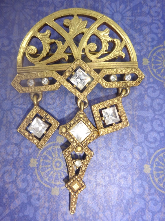 Vintage At Deco Gold Tone Tiara Crown Brooch Pin … - image 6