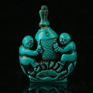 Vintage Turquoise Resin Snuff Bottle, Two Fishermen On Big Fish, 3 x 2 Inches, 2.3 Ounces, Gift Her, Essential Oil Container, Perfume, Pics