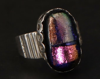 Vintage Handmade Dichroic  Glass And  .925 Sterling Size 5.75 US Statement Ring, Pink And Black Cocktail Ring, One Of A Kind, Pics