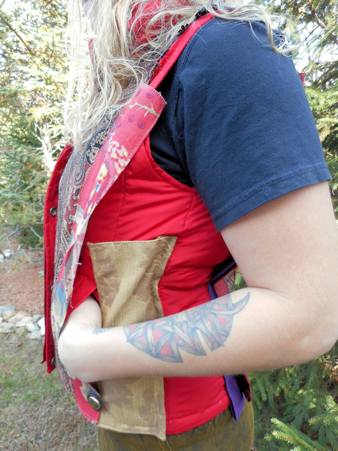 Give Away Price, Cut in Half/ Up-cycled Red Tone Winter Vest Give Away Price, Cut in Half/ Up-cycled Red Tone Winter Vest
