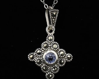 Plata esterlina Art Deco piedra preciosa y esterlina colgante gargantilla collar, colgante Art Deco, colgante de piedra preciosa vintage, fotos