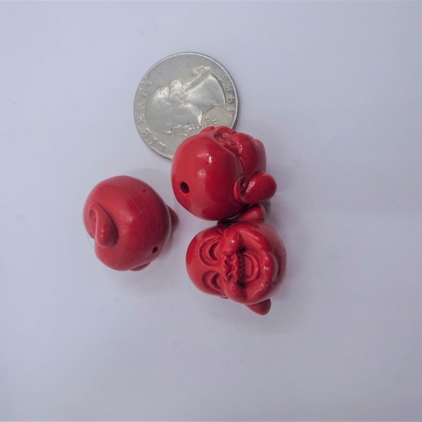 Three Chinese Vintage Cinnabar Buddha Beads, .75 Inches Each, Hole In Head Top, Supply, Jewelry Item,  Creative Jeweler's Bead, Pics