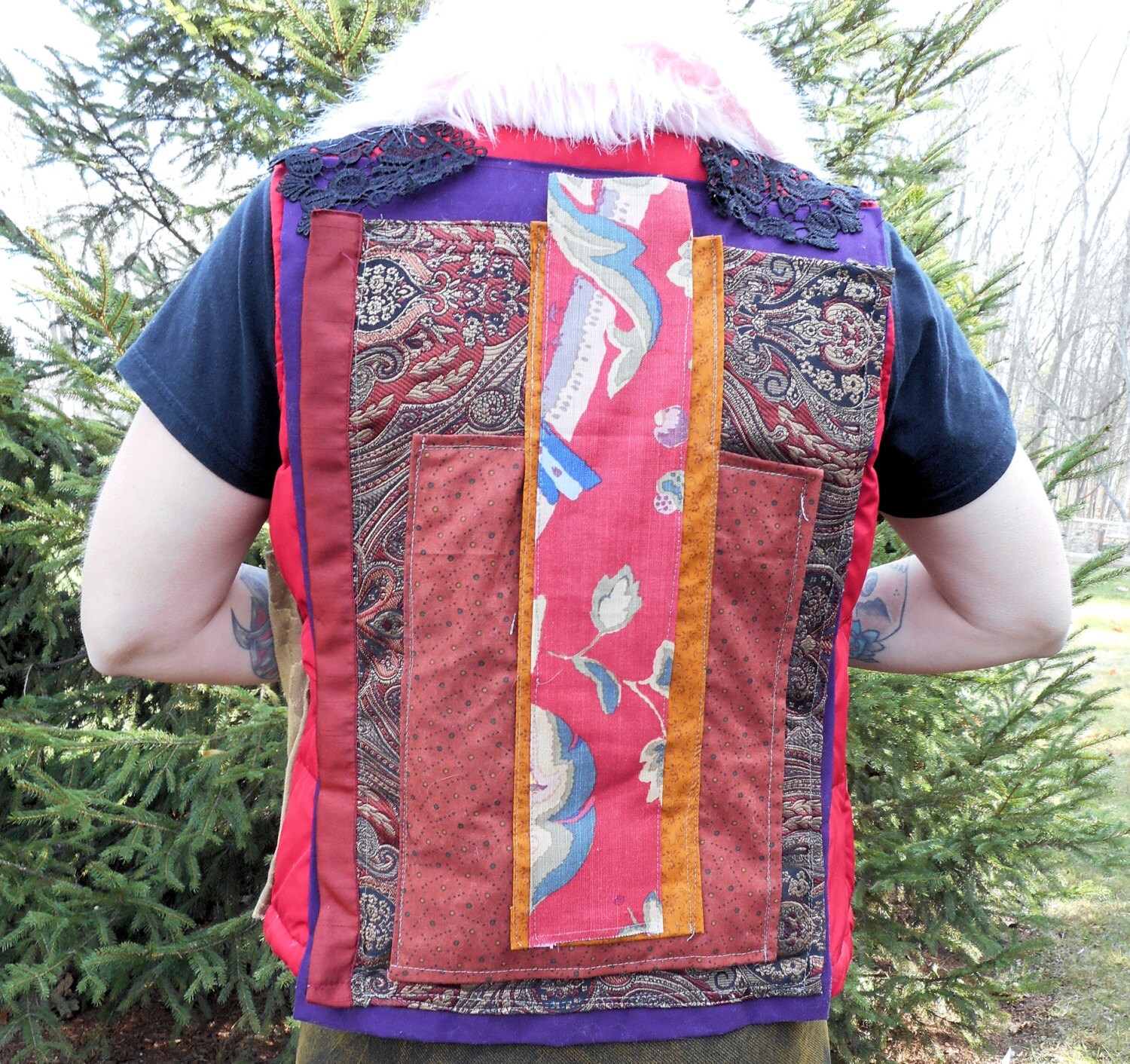 Give Away Price, Cut in Half/ Up-cycled Red Tone Winter Vest Give Away Price, Cut in Half/ Up-cycled Red Tone Winter Vest
