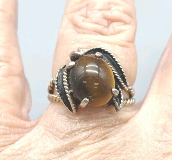 Marked Sterling Silver Tiger's Eye Ring, 1970's Mint Sterling Leaf Bezeled Gemstone Ring, 6.5 US Size, Pics