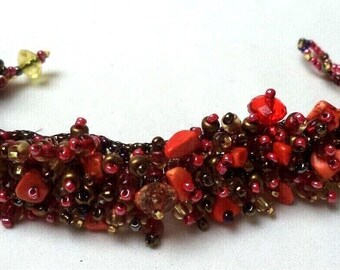 Vintage Handmade OOAK Beaded 7.5 Inch, Adjustable Red Tennis Bracelet, Garnets, Coral, Seed Bead, Classic Artisan, Pics