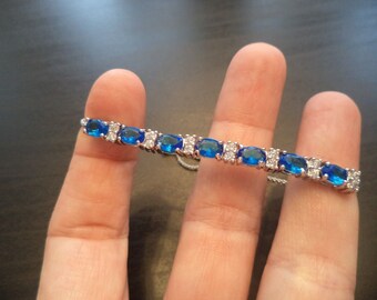 Vintage  Blue Rhinestone Adjustable Tennis Bracelet, Minimalist Bracelet, Wedding Gift, For Her, Pics