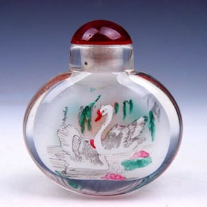 Vintage Chinese- Peking Glass Inside *Swans & Ducks* Reverse Hand Painted Snuff Bottle, Perfume Bottle, Essential Oils, Collector&#39;s, Pics