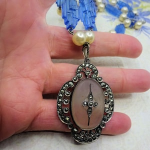 Vintage Art Deco Camphor Glass, Sterling And Pearl Pendant Necklace, Magnificent Piece, See Pics