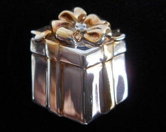 Sterling Lenox Present Pendant Necklace, Gold Plate Ribbon and Zircon Center,1 Inch x 1 Inch Wedding Pendant, For Her, Pics