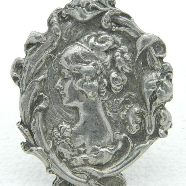 Vintage Silver Colored Pewter Cameo Brooch Pin, Repousse Work Cameo, Victorian Revival, Lady Cameo, Gift For Her, Pics