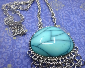 Vintage Turquoise Color Glass, Faux Turquoise Pendant Necklace With Silver Mesh, Lobster Claw Closure,  Ethnic Pendant Necklace,Pics