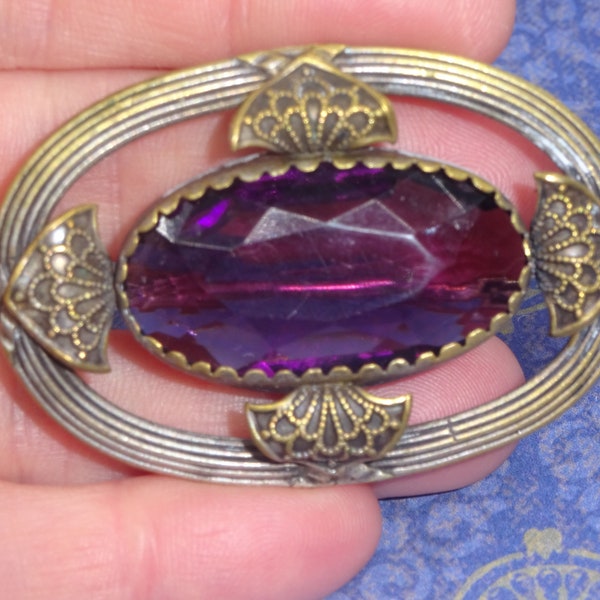 Vintage Art Deco Amethyst And Brass 1950s Brooch Pin,2 X 1.5 Inches, C Clip, Filigree Bezel, Mint, For Her, Pics