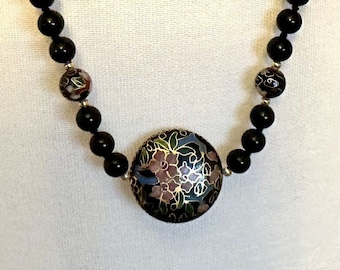 Cloisonne Pendant Necklace, Onyx Beaded Sides, Gift Her, Check Pics, Description, Pics
