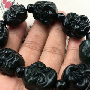 Vintage Chinese Onyx Buddha Head Bracelet, Hand Carved Buddha Unisex One Size Beaded Bracelet, Gift Him, Pics