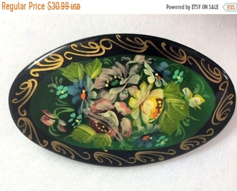 SPRING SALE Vintage Meticulously Designed Russian Lacquer Brooch Pin,Yellow Floral Medley Brooch Pi Wedding Gift Lacquer Jewelry For Her