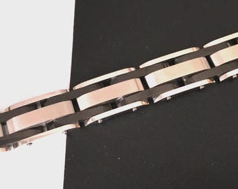 Vintage Unisex Two Tone Steel Link Bracelet, 8.5 Inches, Mint Condition