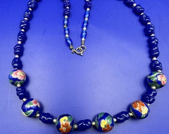 Vintage Cobalt Blue Cloisonne Beaded Necklace W Venetian Glass Bead Combo,21 Inches Gold Plate Spacers, Unique Gift, For Her, Pics