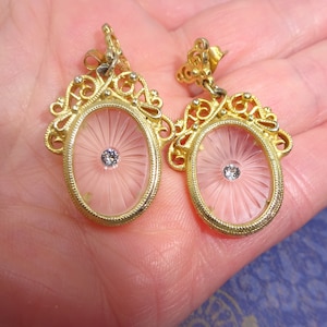 Vintage 1950s Camphor Glass and Gemstone Earrings, Gold Plate, For Pierced Ears, Mint Condition, Pics