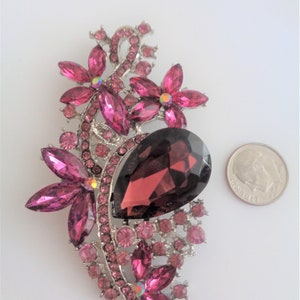 Vintage 3.25 Inches Long Rhinestone Purple Floral Spray Pin Brooch, Statement Brooch Amethyst Color Birthstone Pin, Pic, Description