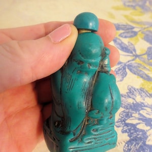 Vintage Chinese Turquoise Colored Resin Buddha Snuff Bottle, Perfume Bottle, Essential Oils, Gift Him, Her, Pics