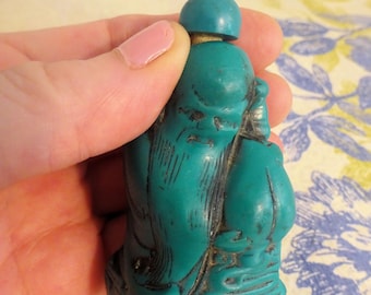 Vintage Chinese Turquoise Colored Resin Buddha Snuff Bottle, Perfume Bottle, Essential Oils, Gift Him, Her, Pics