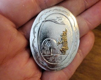Vintage Native American Indian Sterling Oval Brooch With Home Scene, Indian is in Gold Plate, 3D, Pics, Mint,