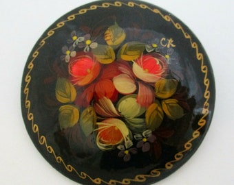 Vintage Extra Large Russian Hand Painted Lacquer Pin, Brooch, Gift For Her, Artisan Gift, Pics