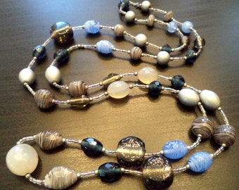 Vintage Italian Art Glass, Long Flapper Beaded Necklace, Blue, Silver, Black Tones, Statement Necklace, Artisan, Pics