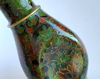 Vintage Cloisonne Enamel Miniature Pinch Bottle, Perfume or Vase Floral Black, Red, Green, 4 Inches, Mint, Pics