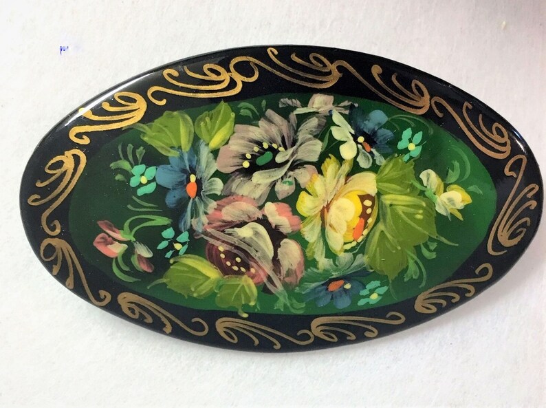 SPRING SALE Vintage Meticulously Designed Russian Lacquer Brooch Pin,Yellow Floral Medley Brooch Pi Wedding Gift Lacquer Jewelry For Her