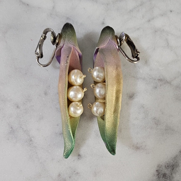 Vintage Handmade 3 Peas In A Pod Clip-On Earrings, Hand Made Porcelain And Pearls OOAK, Gift Her, Art Jewelry,  2 Inches Long, Pics