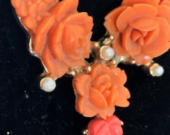 Vintage Victorian ,Peach To Orange, Glass Floral Molded Rose Pendant Necklace, Victorian collector Pendant, Tiny Pearls, P ics