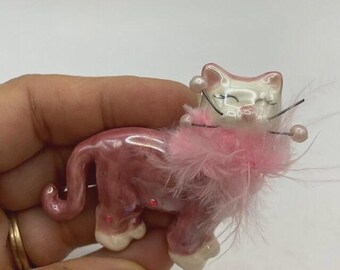 Vintage OOAK Cat Brooch Pin With Pink Fur Collar, Ceramic, Art Pin, Gift Her, Daughter Gift, Cat Lover, All Pics And Description, Mint