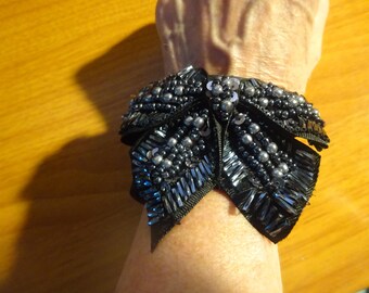 Black  Or Royal Blue Statement Bow Cuff With Sequins, Vintage, Says Natasha Inside, Adjustable Size, One Size, Pics