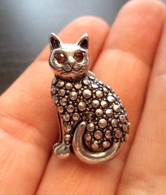 Tiny Inch Cat Pin, Sterling And Marcasite, With G… - image 1