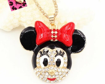 Reserverat, Vintage 1980 Minnie Mouse-hängehalsband, 40 cm dropp, 2,5 cm förlängning, roséguldkedja, Disney-hänge, present, bilder