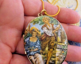 Vintage 1950s Victorian Revival Shepherd Couple Locket With New Rose Gold Chain, Mint, Pics