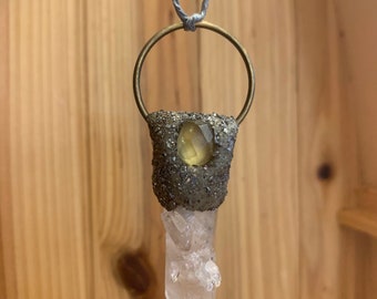 Quartz Point with Citrine and Galena on Grey Hemp Cord Sparkle Necklace